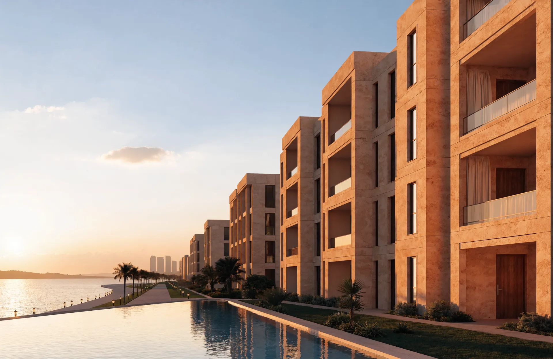 Waterfront residences on the promenade at sunset, Bashayer