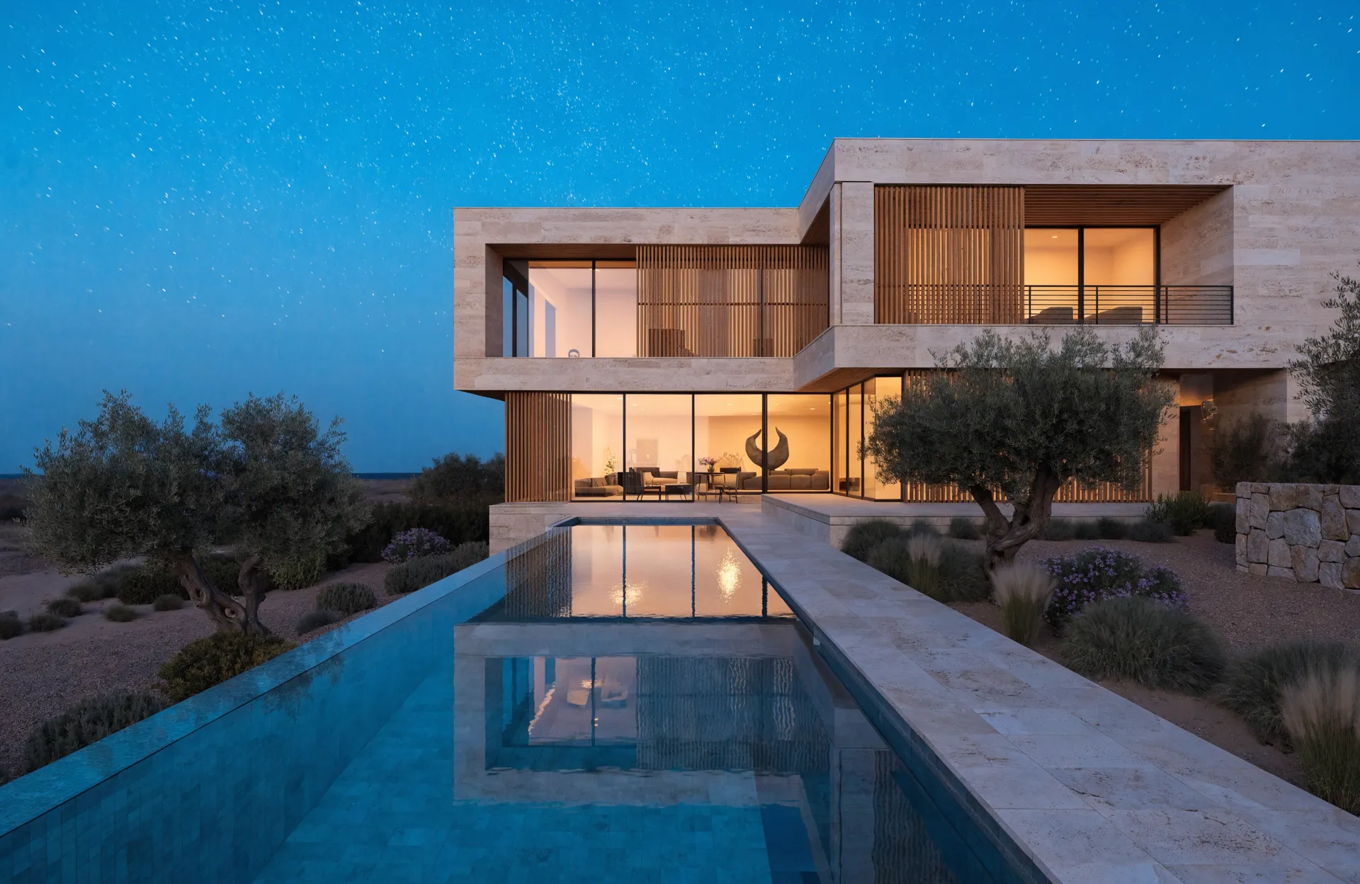 Standalone villa at dusk with infinity pool, Al Naseem